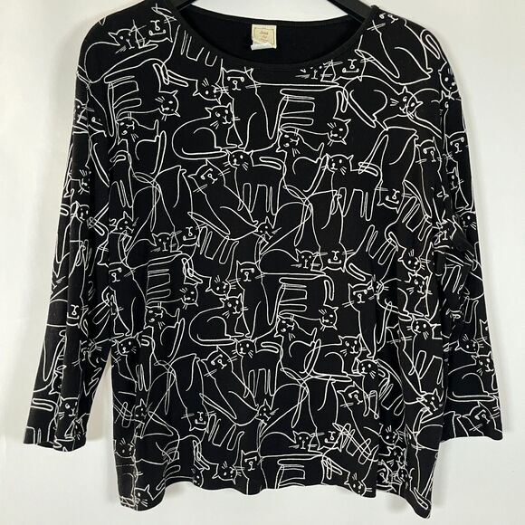 Jess & Jane T-Shirt Top 1X Cat Sketch Stretch Black White Artsy Eclectic Casual - Picture 1 of 7